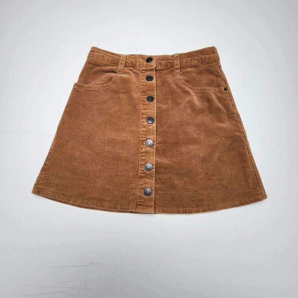 Brandy Melville Brown Corduroy Button Front Mini Skirt A-Line Pockets Small XS